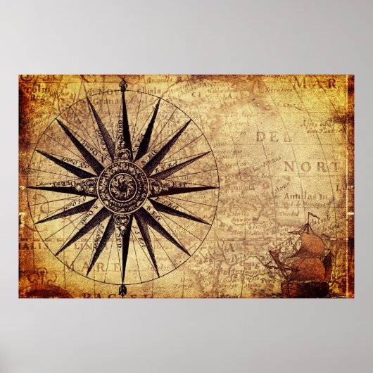 Wereldkaart Verzendtijd compass Sailing Ship Disco Poster (Voorkant)