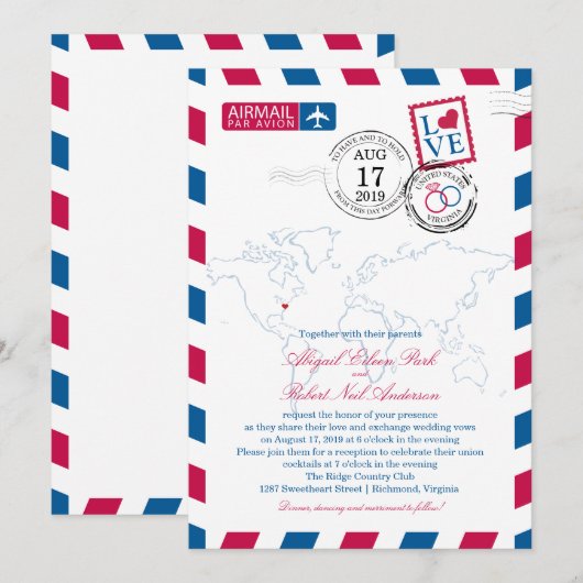 Wereldkaart Virginia USA Airmail | Bruiloft Kaart (Voorkant / Achterkant)