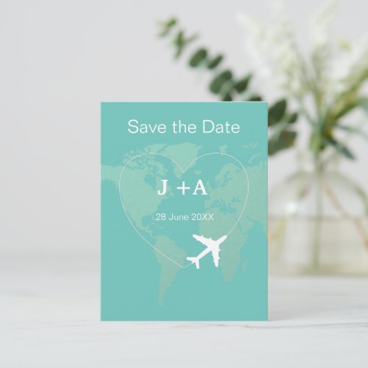 Wereldkaart vliegtuig behalve datum briefkaart (Staand voorkant)