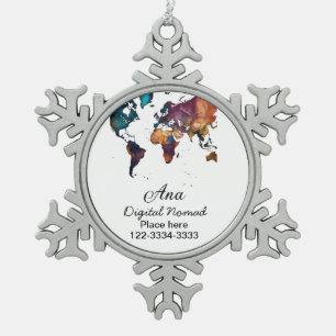 Wereldkaart Voeg jouw naam tekst Plaats Stadstelef Tin Sneeuwvlok Ornament