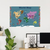 Wereldkaart voor kinderen - blauw met vlaggen poster (Thuiskantoor)