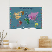 Wereldkaart voor kinderen - blauw met vlaggen poster (Keuken)