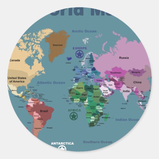 Wereldkaart voor kinderen met vlaggen ronde sticker (Voorkant)