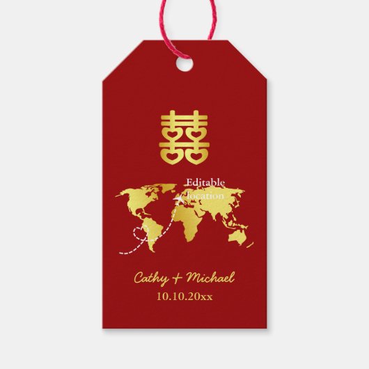 Wereldkaart voor rood en goud bestemming chinese b cadeaulabel (Voorkant)
