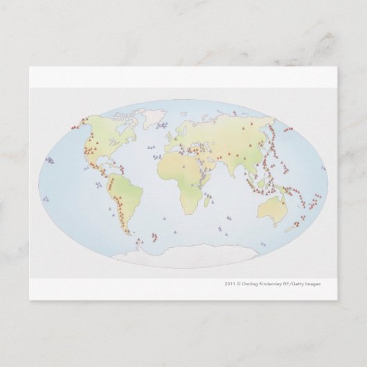 Wereldkaart waarop de plaatsen van vulkanische act briefkaart (Voorkant)