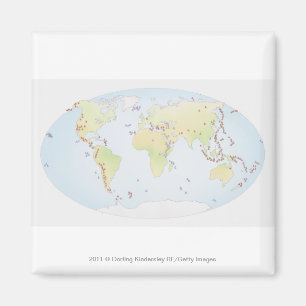 Wereldkaart waarop de plaatsen van vulkanische act magneet