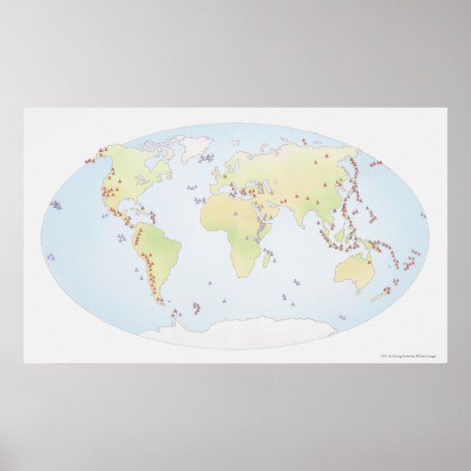 Wereldkaart waarop de plaatsen van vulkanische act poster (Voorkant)