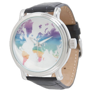 Wereldkaart waterverf horloge