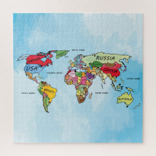 Wereldkaart waterverf kunstwerk puzzel