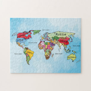 Wereldkaart waterverf kunstwerk puzzel