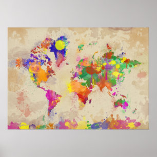 Wereldkaart waterverf op oud Canvas Poster