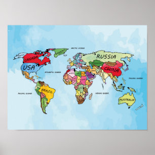 Wereldkaart waterverf poster