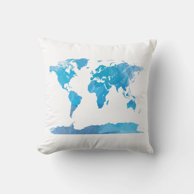 wereldkaart Waterverf Schilder Blauwe Kunst Kussen (Voorkant)