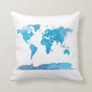 wereldkaart Waterverf Schilder Blauwe Kunst Kussen