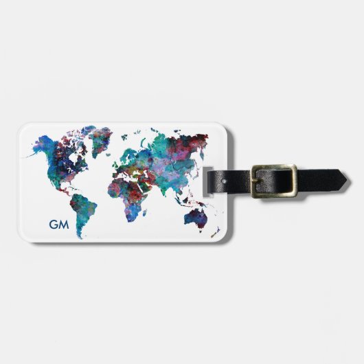 Wereldkaart Waterverf schilderen Aangepast monogra Bagagelabel (Voorkant horizontaal)