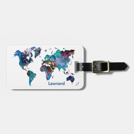 Wereldkaart Waterverf schilderen Aangepast monogra Bagagelabel (Voorkant horizontaal)