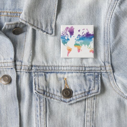 Wereldkaart waterverf vierkante button 5,1 cm (In situ)