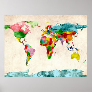 Wereldkaart Waterverven Poster