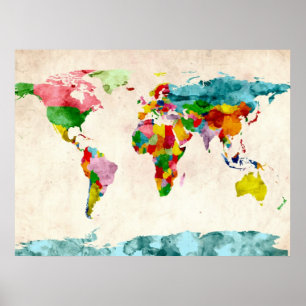 wereldkaart Waterverven Poster