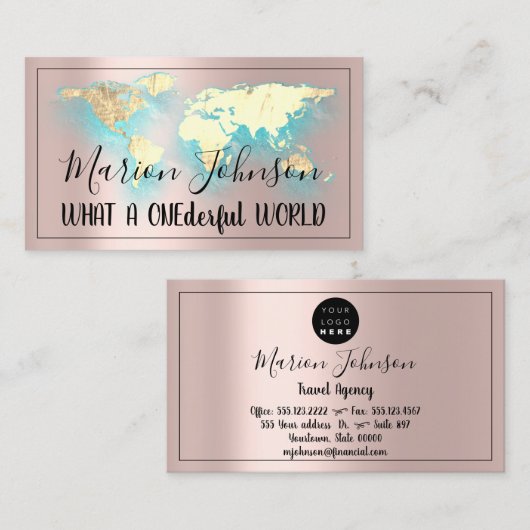 Wereldkaart Wereldbol Map Reisbureau Roos Gold Log Visitekaartje (Voorkant / Achterkant)