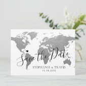 Wereldkaart Zilver Grijze bruiloft Foto Save The Date (Staand voorkant)