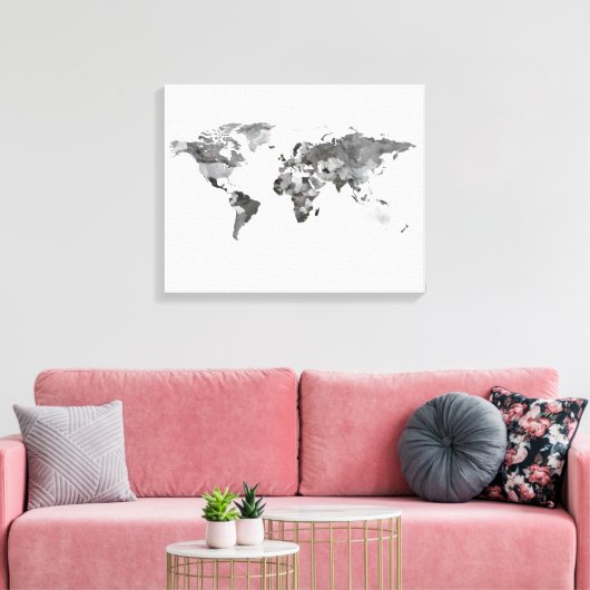 Wereldkaart zwart-wit Stretched Canvas Print (Insitu (Woonkamer))