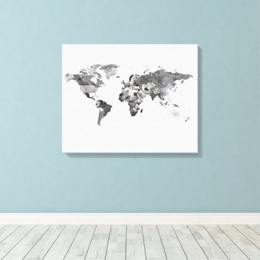 Wereldkaart zwart-wit Stretched Canvas Print (Insitu (Houten vloer))