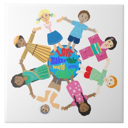 Wereldkinderen die handen vasthouden tegeltje (Voorkant)