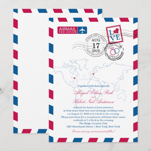 Wereldlocaties VS en Duitsland Airmail | Bruiloft Kaart (Voorkant / Achterkant)