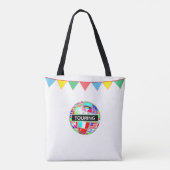 Wereldraai en meerkleurige vlaggen op wit tote bag (Achterkant)