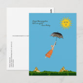 Wereldreiskaart met vliegende vrouw en paraplu briefkaart (Voorkant / Achterkant)