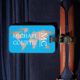 Wereldreiziger kaart metalen Monogram personaliser Bagagelabel