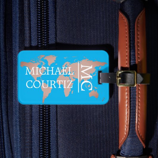 Wereldreiziger kaart metalen Monogram personaliser Bagagelabel (Voorkant Insitu 4)