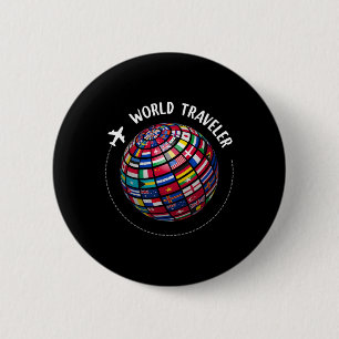 Wereldreiziger Kaart, Wereld Vlaggen Reiziger, Lan Ronde Button 5,7 Cm