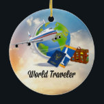 Wereldreiziger, ontwerp 2 keramisch ornament<br><div class="desc">World Traveler — paspoort,  kaartjes,  wereldbol,  vliegtuig,  koffer tegen een achtergrond van wolken</div>