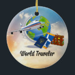 Wereldreiziger, ontwerp 2 keramisch ornament<br><div class="desc">World Traveler — paspoort,  kaartjes,  wereldbol,  vliegtuig,  koffer tegen een achtergrond van wolken</div>