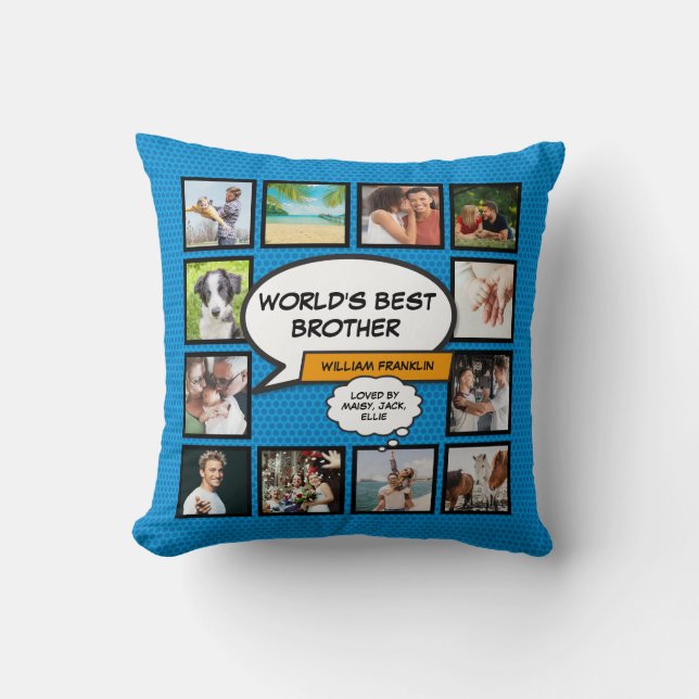 Werelds Beste Broer Fotocollage Blauw Leuk Strips Kussen (Voorkant)