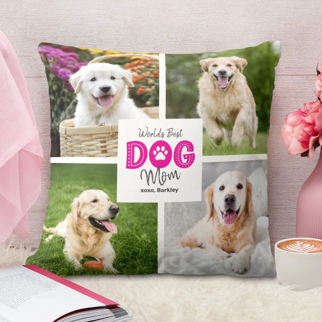 Werelds Beste Hond Moeder 4 Foto Roze op Witte Cus Kussen (Creator heeft geüpload)