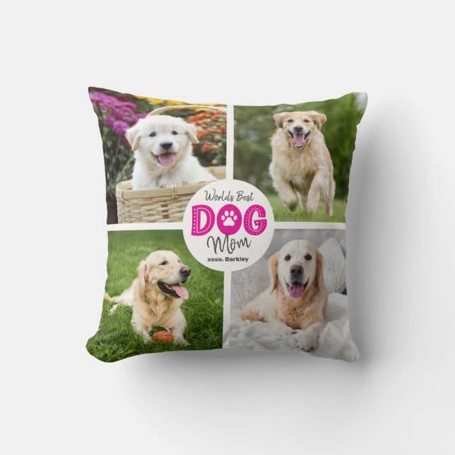 Werelds Beste Hond Moeder Custom 4 Foto Roze op Wi Kussen (Voorkant)