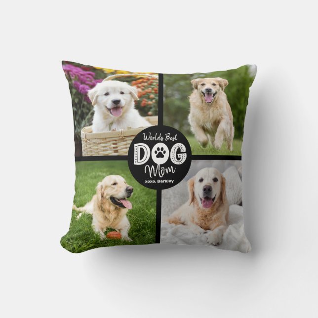 Werelds Beste Hond Moeder Custom 4 Foto Zwart Wit Kussen (Voorkant)