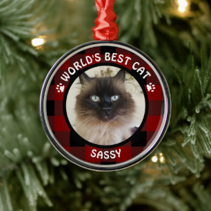 WERELDS BESTE KAT Rood en Zwart Buffalo Geruit Naa Metalen Ornament