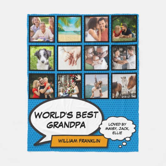 Werelds Beste Opa, Grootvader 12 Foto Blauw Fleece Deken (Voorkant)