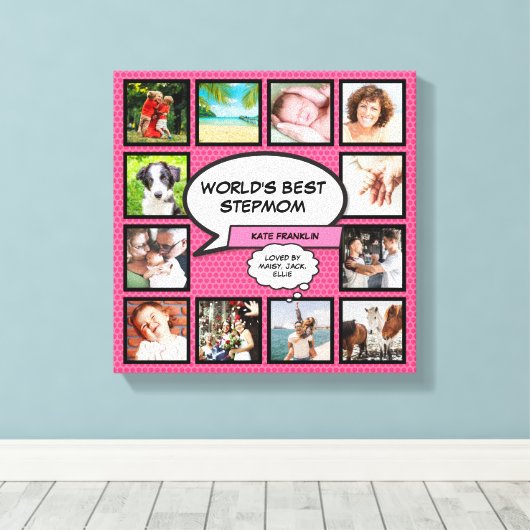 Werelds Beste Stiefmoeder 12 Foto Roze Fun Canvas Afdruk (Insitu (Houten vloer))