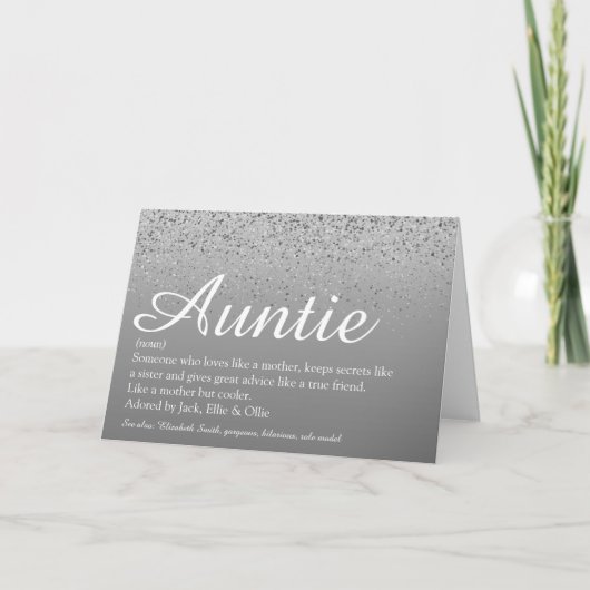 Werelds Beste Tante Oom Definitie Script Zilver Kaart (Voorkant)