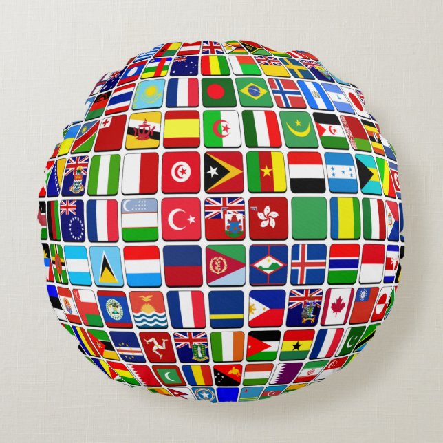 Wereldvlaggen Globe, Internationaal, Rond Kussen (Voorkant)