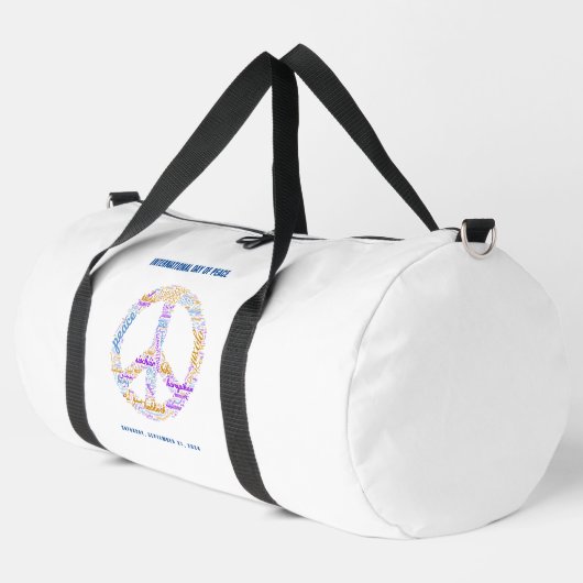 Wereldvredesdag Vredesbord Woord Cloud Waterfles Plunjezak (Linkerhoek)