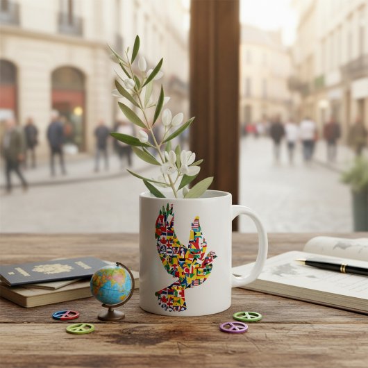 Wereldvredesduif gemaakt van internationale vlagge koffiemok