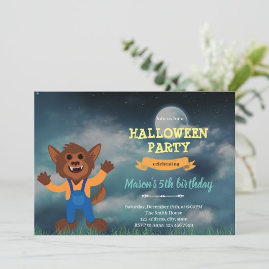 Werewolf halloween verjaardagsuitnodiging bedankkaart (Staand voorkant)