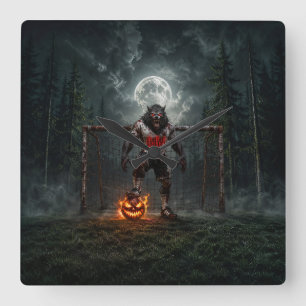 Werewolf Voetbalspeler Halloween Horror Kunst Vierkante Klok