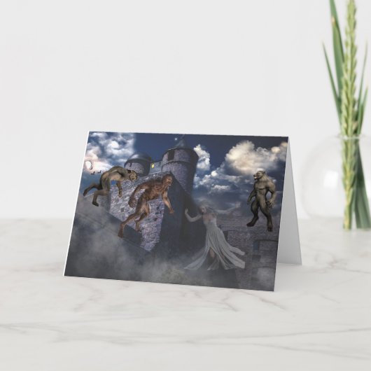 Werewolven en Ghost op een Castle Halloween Kaart (Voorkant)